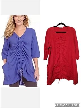Bryn Walker Josie Linen Cinch Front Tunic Top Size L Scarlet Red Lagenlook